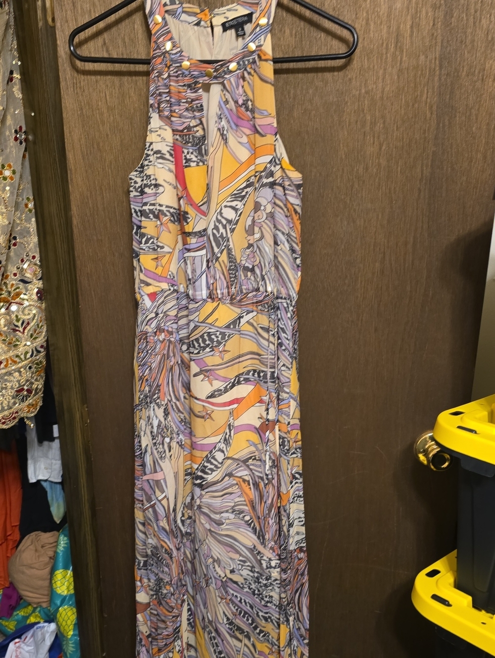 Etcetera Multicolor Halter Maxi Dress in Yellow, Purple, Cream